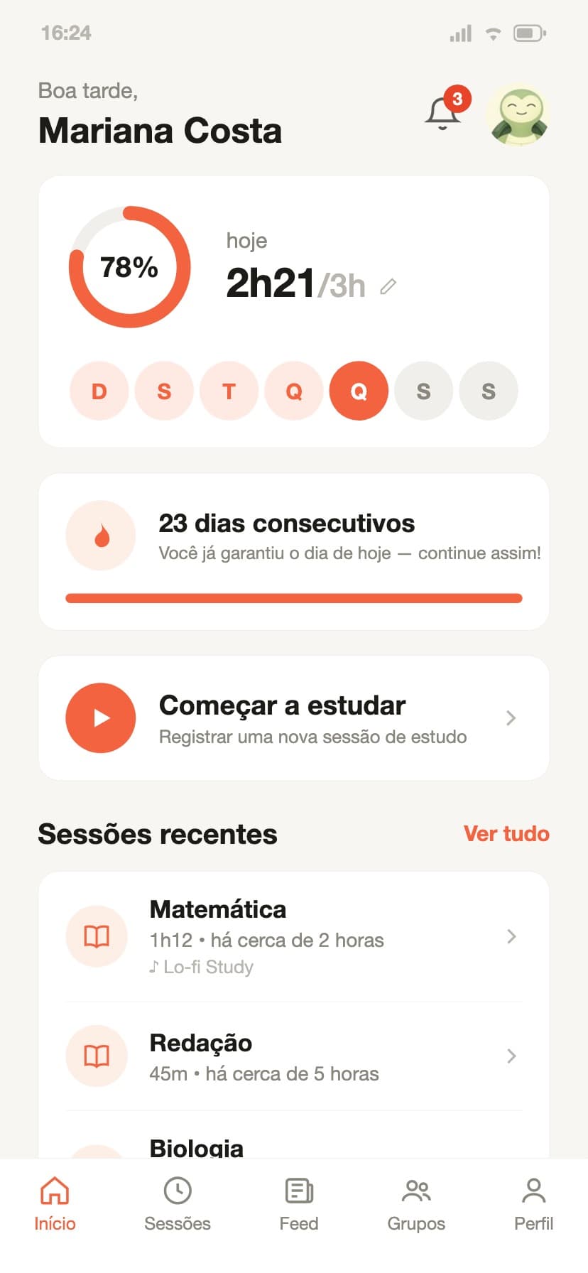 Tela inicial do Studaily, aplicativo desenvolvido pela Saman Sistemas
